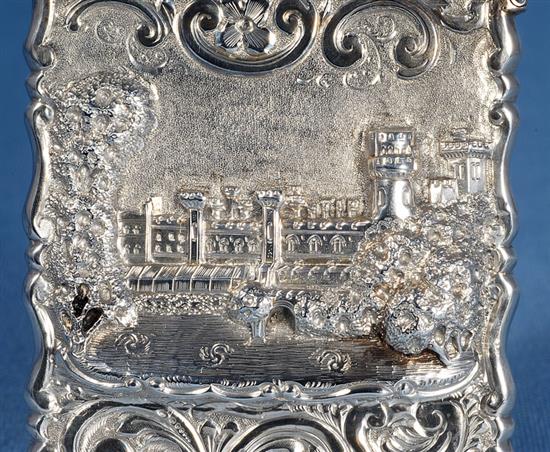 An early Victorian silver Castle top card case of Warwick castle in high relief, by George Unite, height 97mm, width 68mm, weight 65